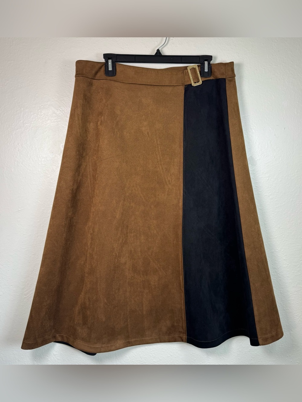 Boho Western Brown Suede Midi Skirt with Black Side Panel Buckle Detail Size L